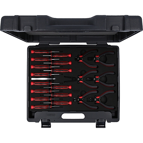 Werkzeugkoffer mit Schraubendrehern und Zangen, rot-schwarz.